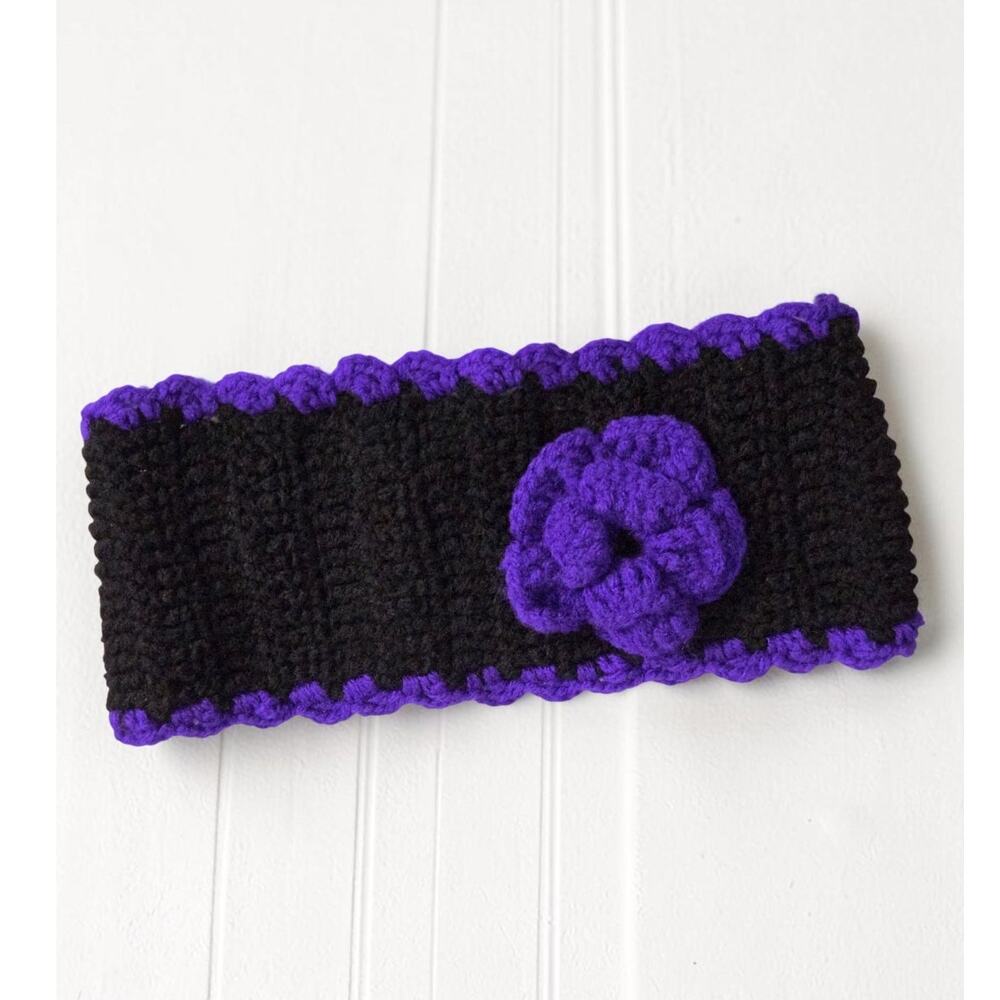 Handmade Knit Head Warmer Black With Purple Flower
